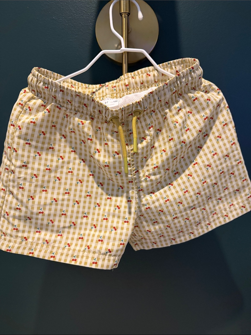 Zara Boys Yellow green Gingham Cherry Print swim trunks